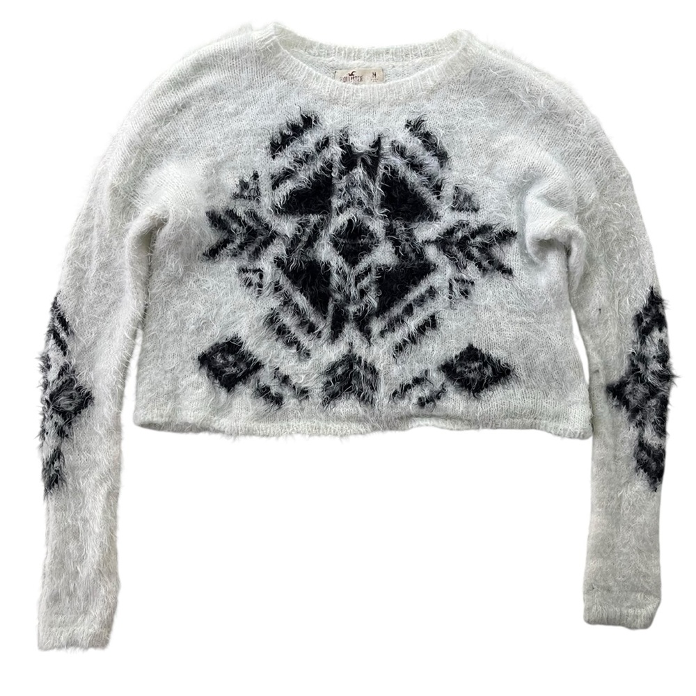 Hollister Womens M Black White Snowflake Tribal Aztec Fuzzy Knit Cropped Sweater